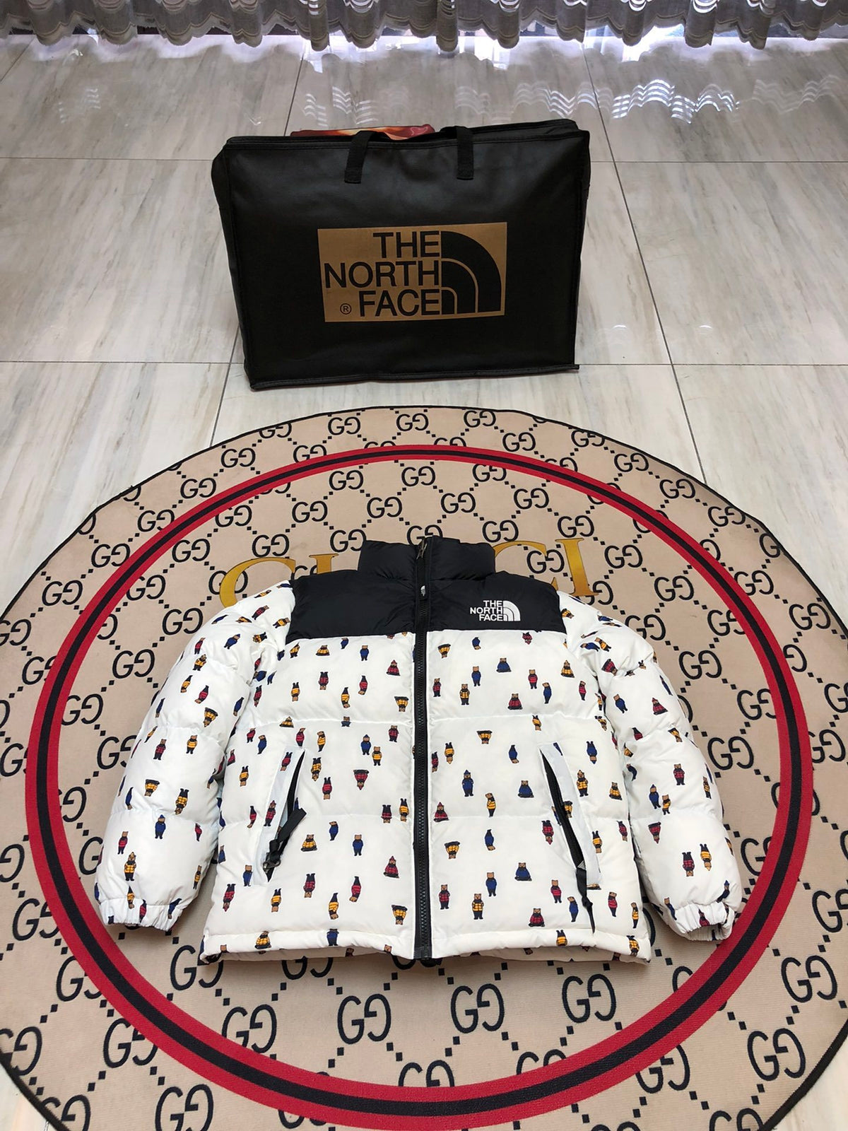 The North Face White & Black Bear Print Puffer Jacket