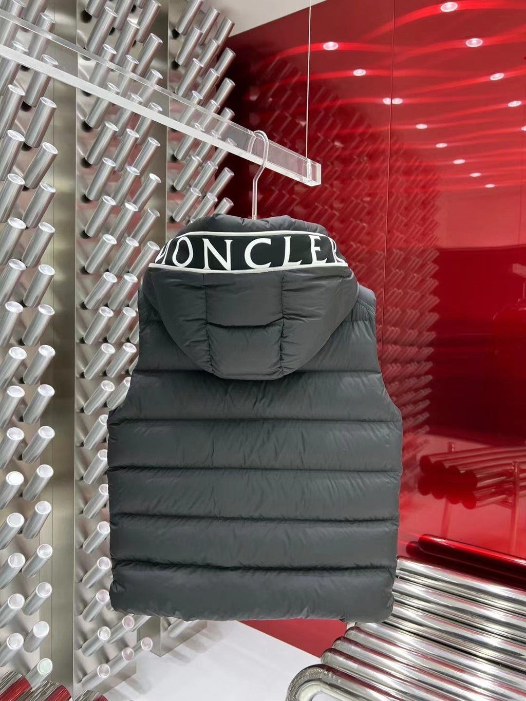 Moncler Charcoal Gray Logo Hood Quilted Puffer Vest