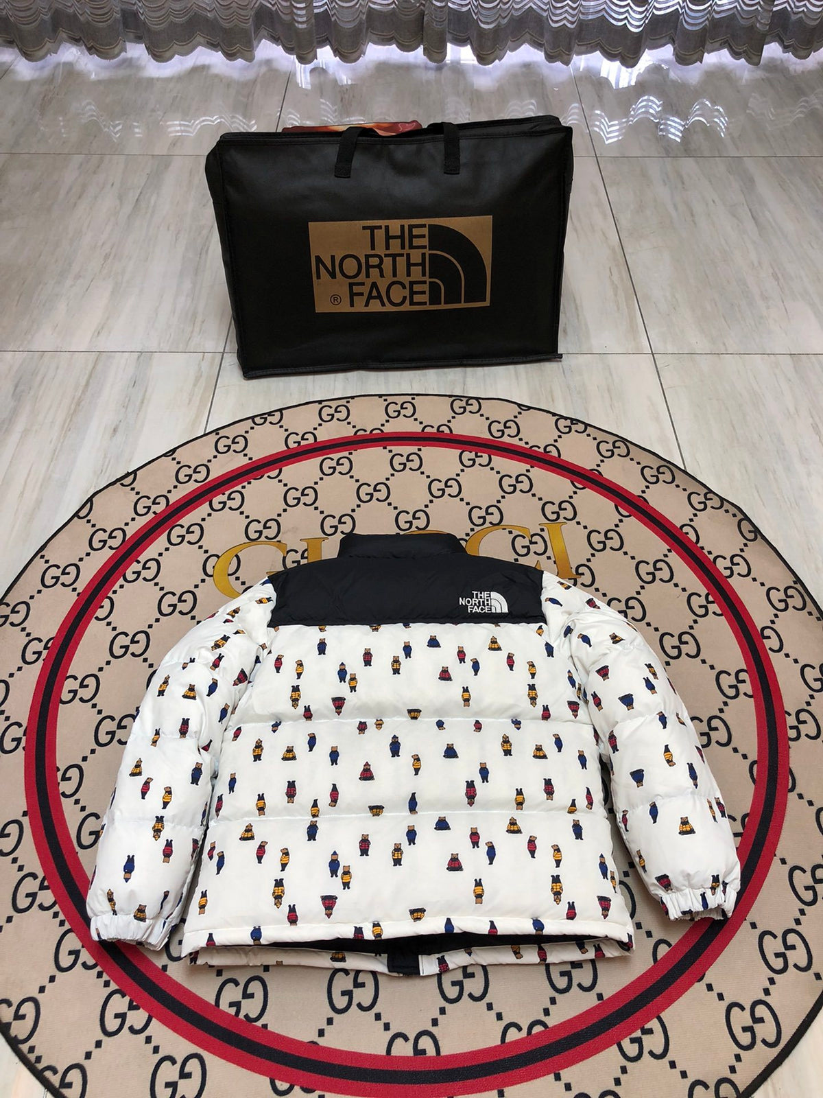 The North Face White & Black Bear Print Puffer Jacket