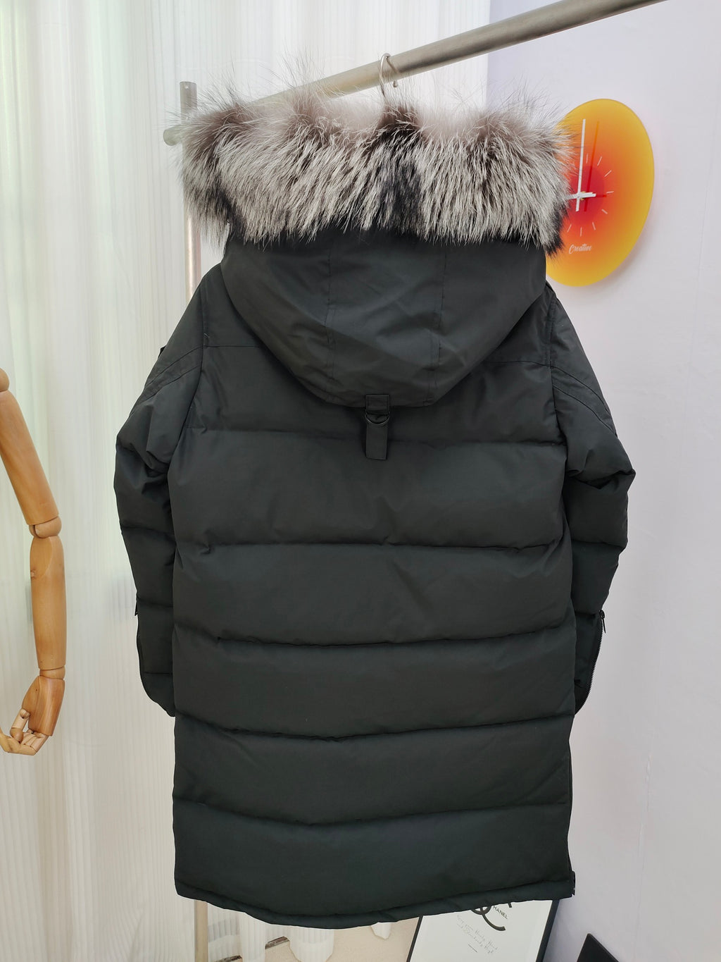 Moose Knuckles Charcoal Gray Hooded Long Puffer Coat